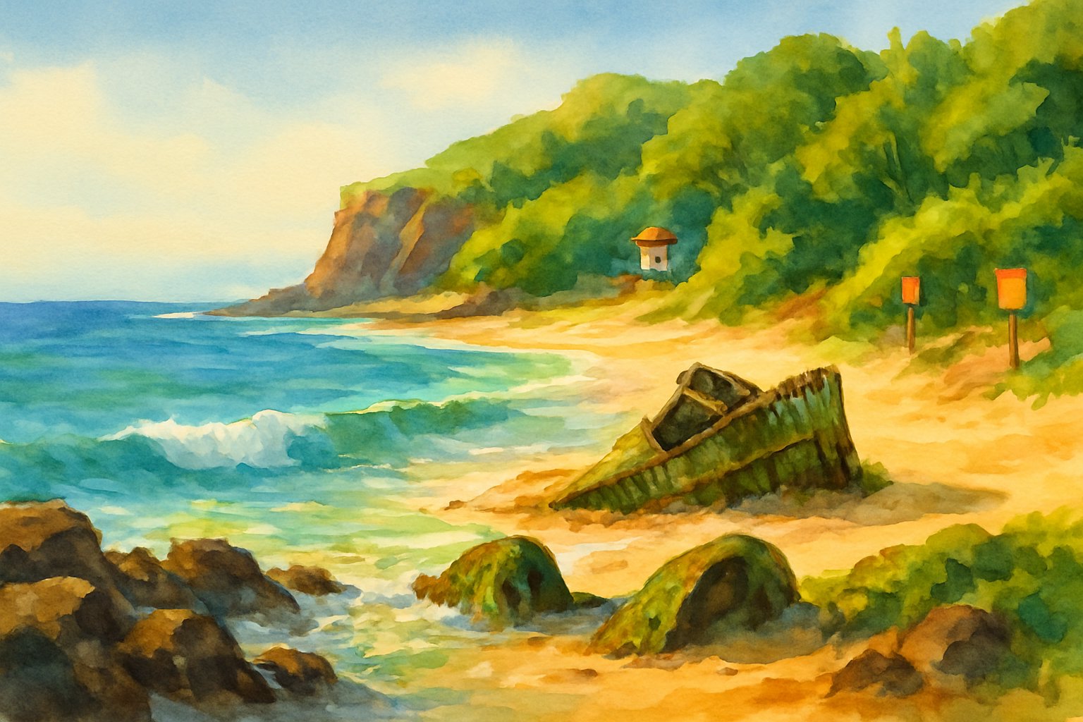 A coastal beach scene with rocky shoreline, a partially buried shipwreck near the sand, green cliffs, and clear blue ocean under a sunny sky.