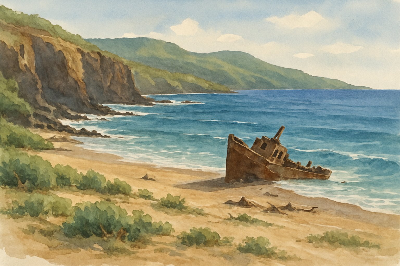 A peaceful beach scene with rocky cliffs, turquoise ocean waves, and an old shipwreck on the sandy shore, surrounded by green hills under a clear sky.