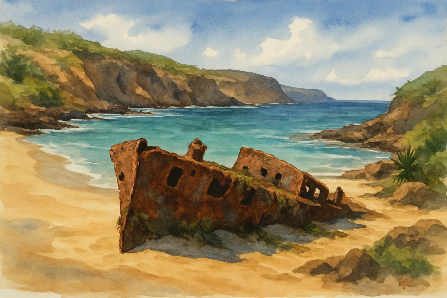 A coastal beach scene with clear blue water, sandy shore, rocky cliffs, and a rusted shipwreck on the sand.