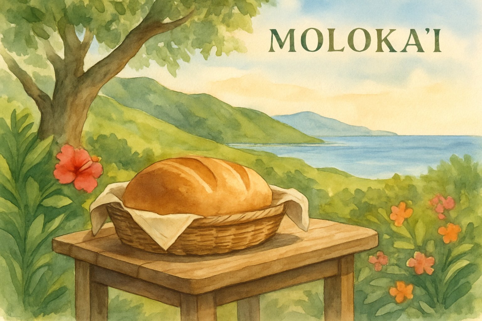 A peaceful outdoor scene with a wooden table holding a loaf of bread, surrounded by tropical plants, hills, and ocean under a clear sky.