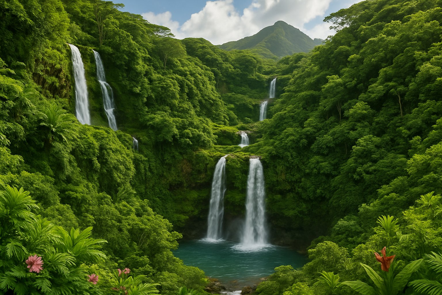A tropical landscape featuring several waterfalls flowing down green cliffs into clear pools surrounded by dense vegetation and distant mountains.