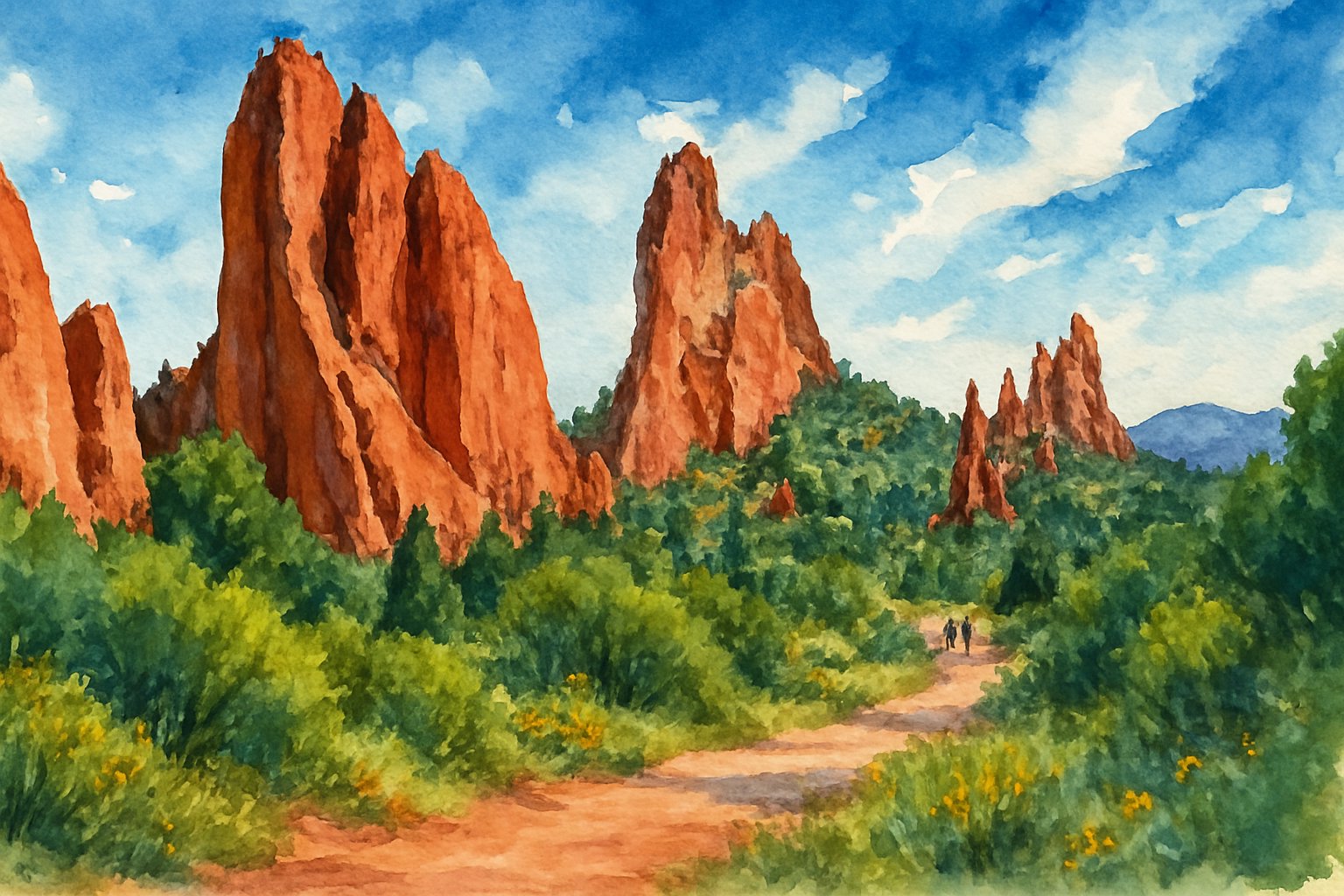 A scenic view of tall red rock formations with green plants and a dirt path winding through the landscape, with mountains in the background and people walking along the trail.