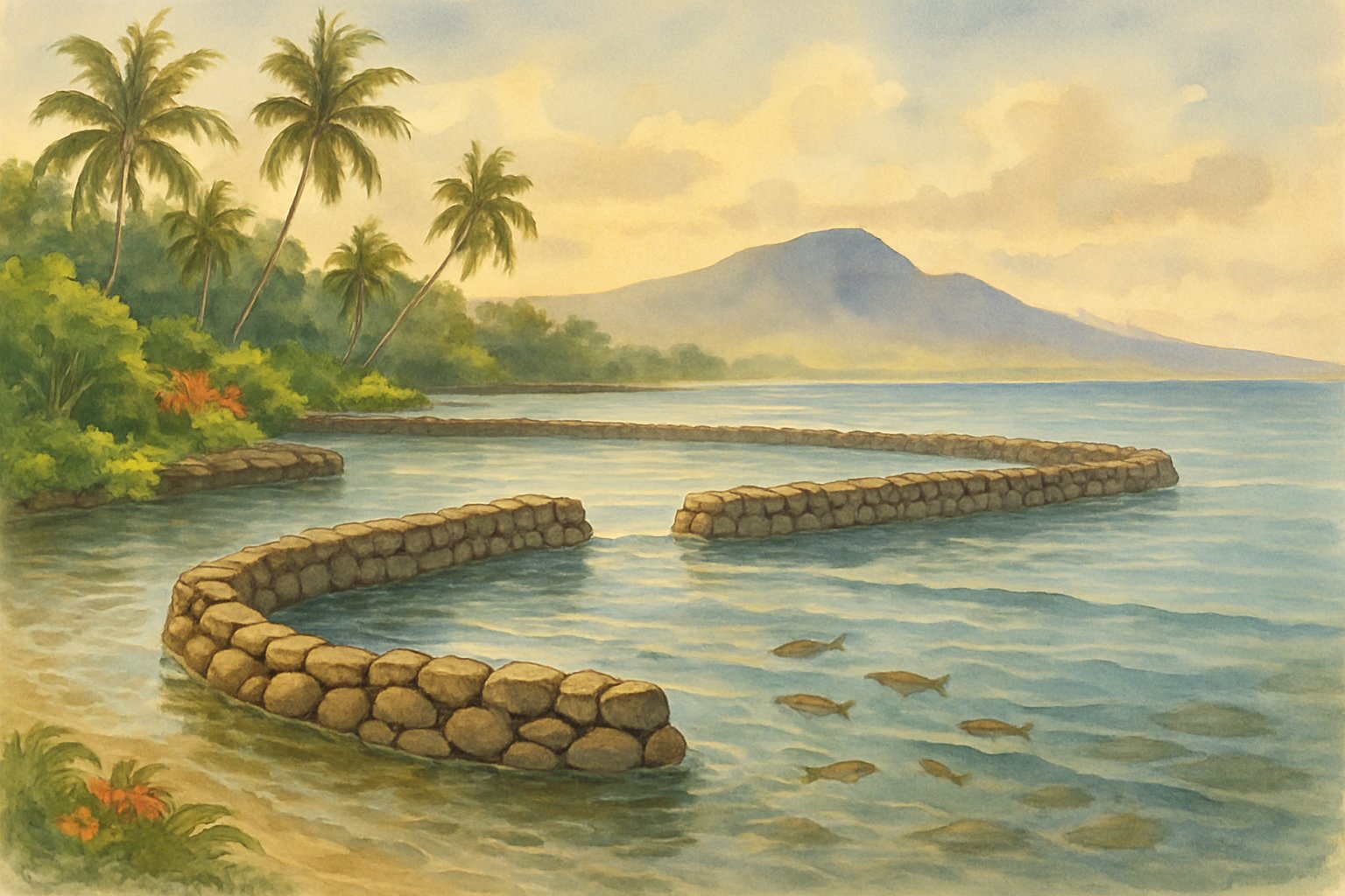 A coastal scene showing stone fishpond walls in clear water with tropical plants and mountains in the background.