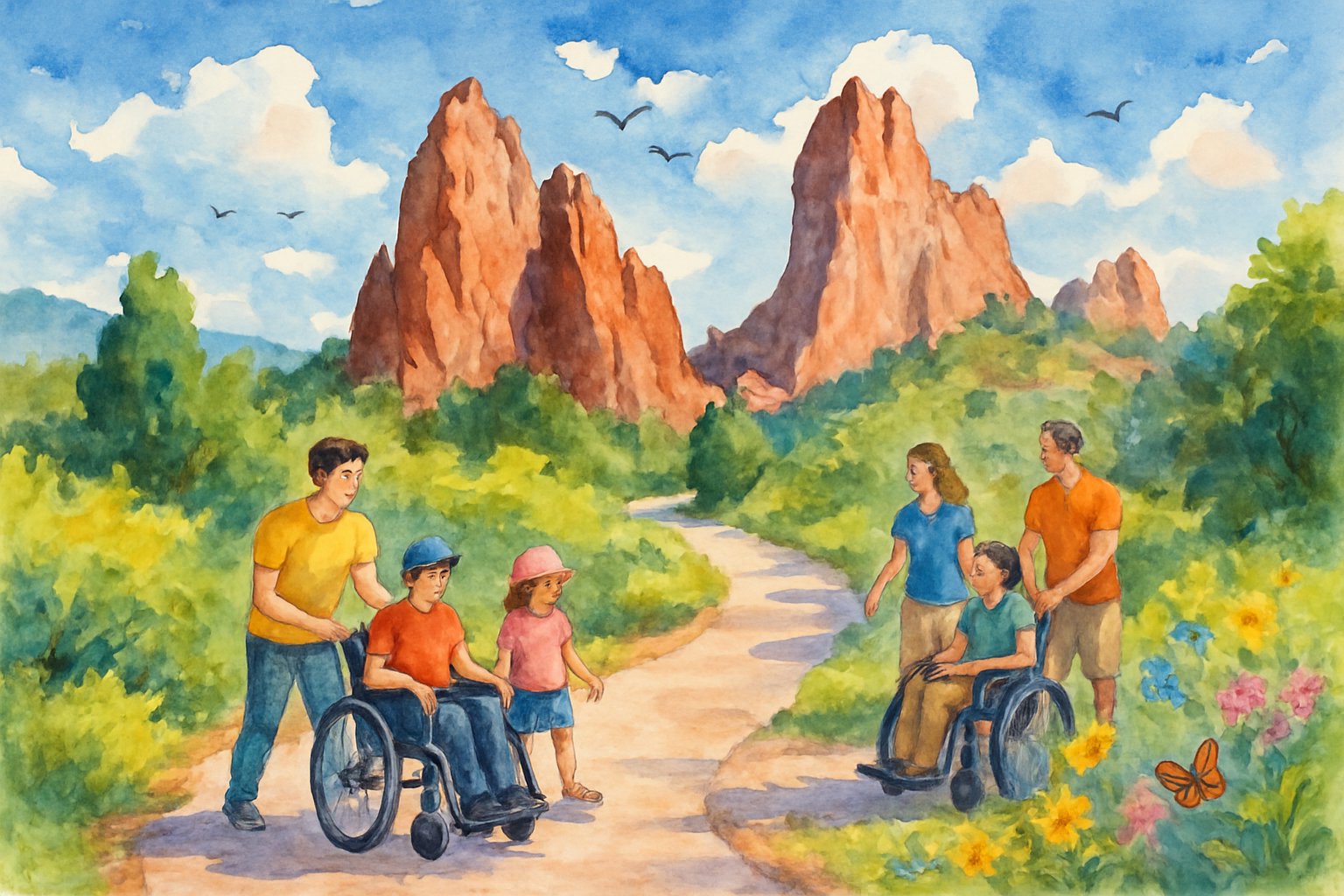 A family enjoying a sunny day walking along an accessible path among large red rock formations and green plants in a natural park setting.