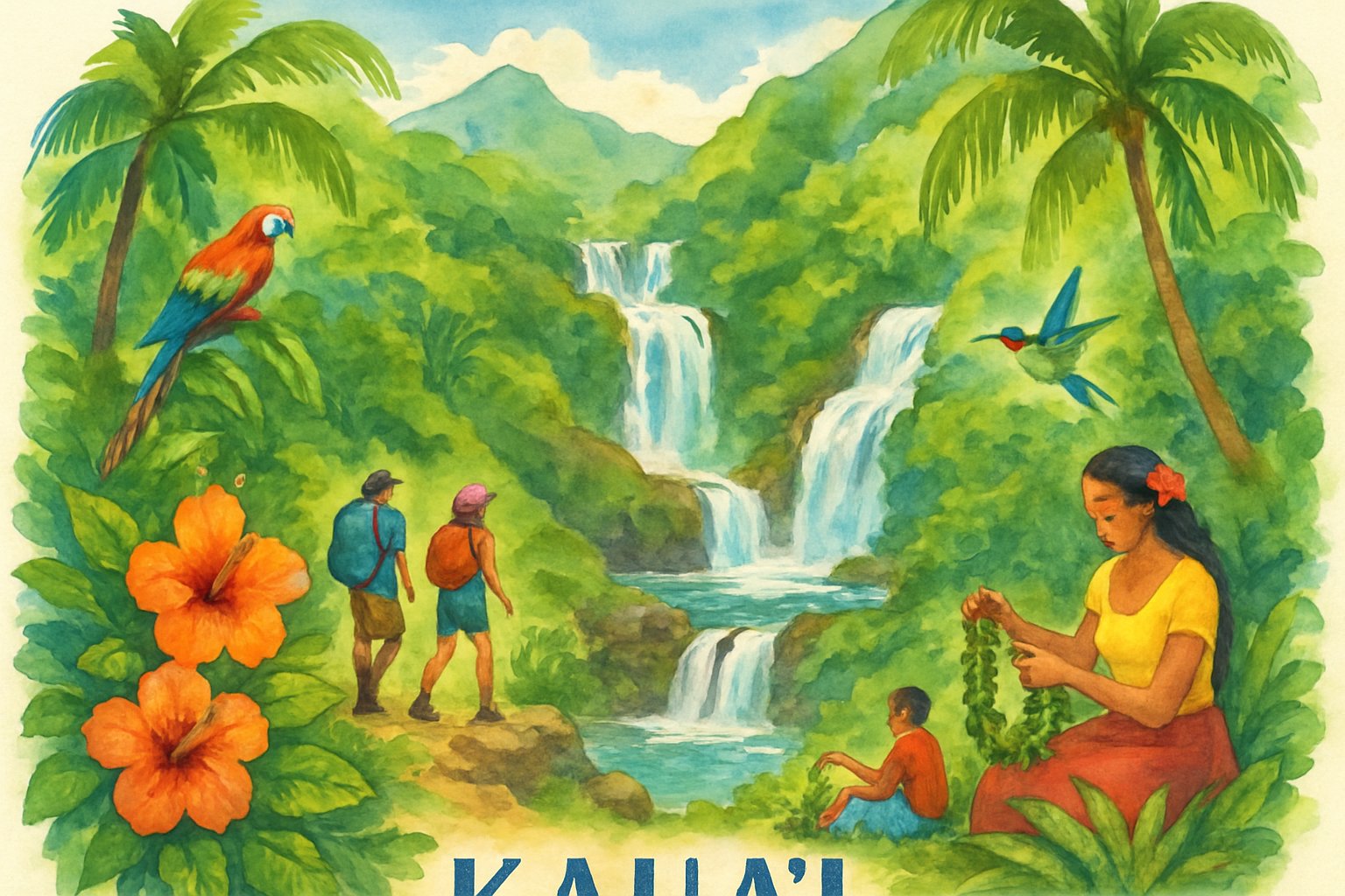 A tropical landscape with waterfalls flowing into clear pools surrounded by green trees and plants, with people hiking and enjoying nature.