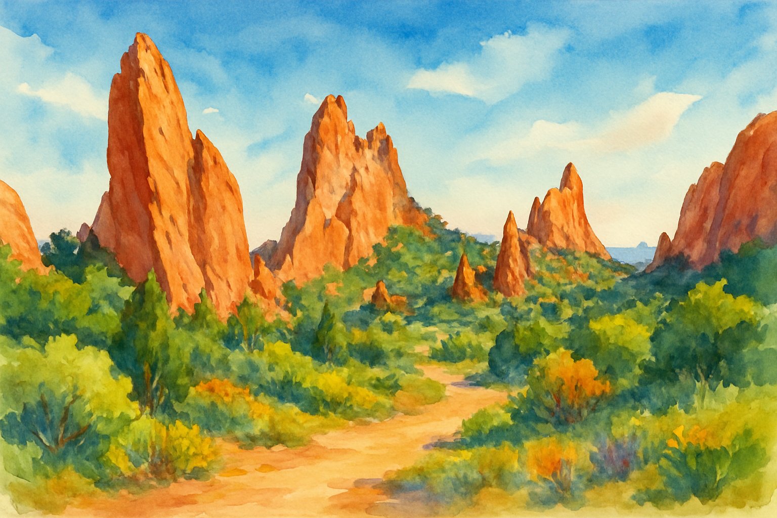 A natural landscape featuring large red rock formations, green plants, a dirt path, and distant mountains under a clear sky.