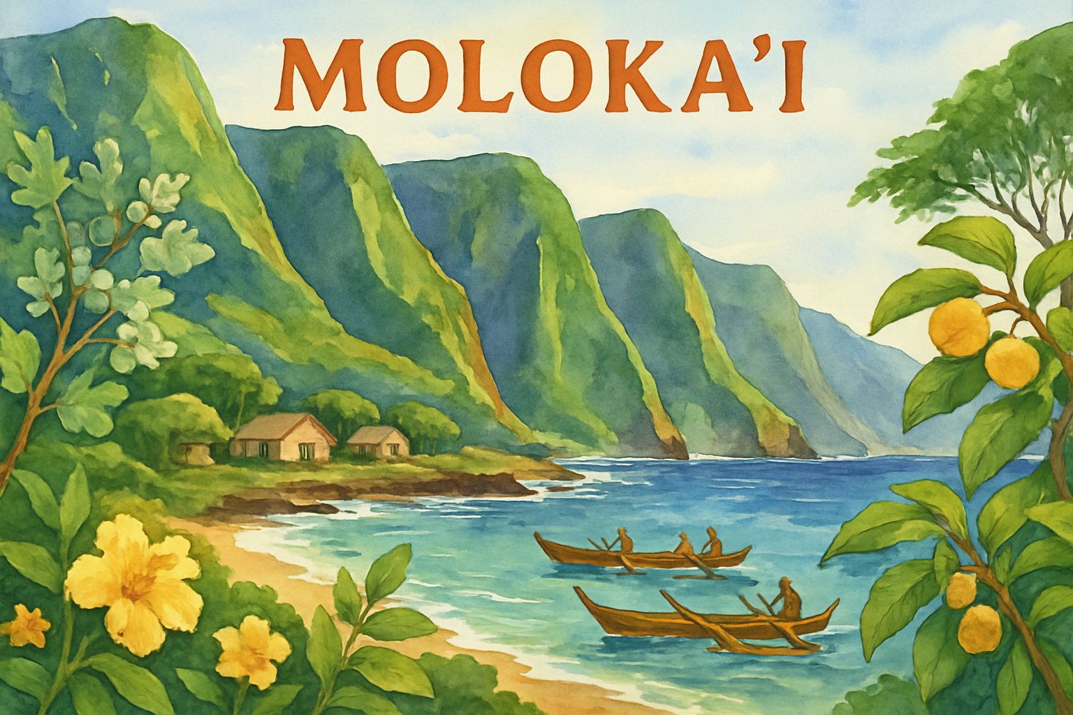 A scenic view of Molokai Island's rugged coastline, green valleys, traditional fishing boats, and a small village nestled among trees.