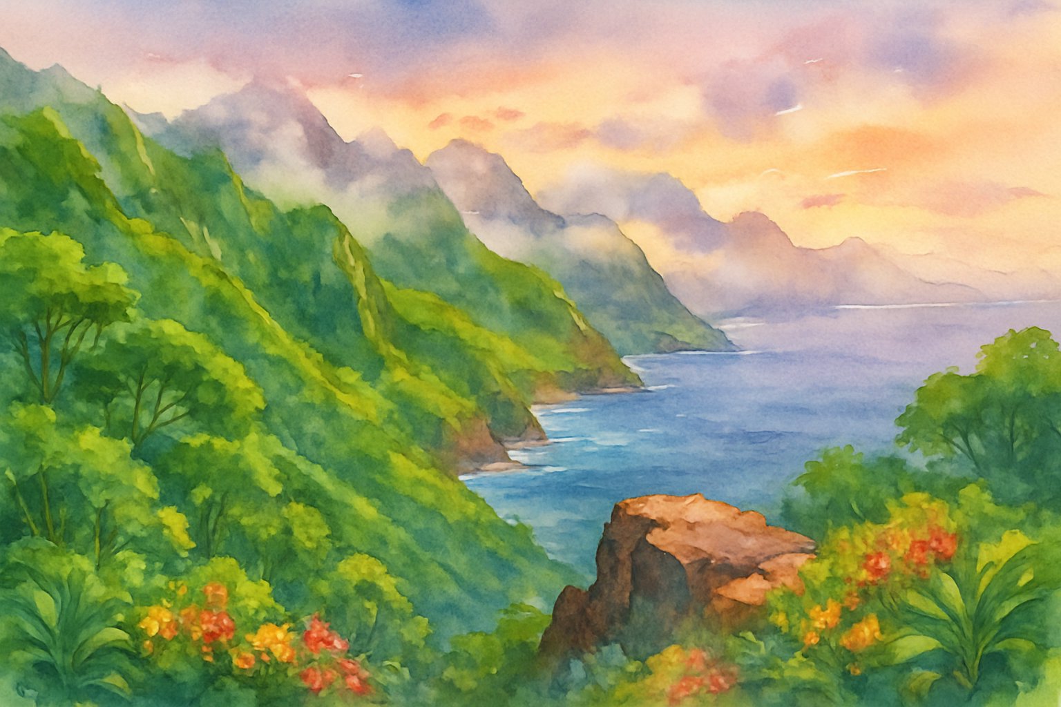 A scenic view of lush green cliffs overlooking a deep blue ocean with distant mountains and a colorful sunrise sky.