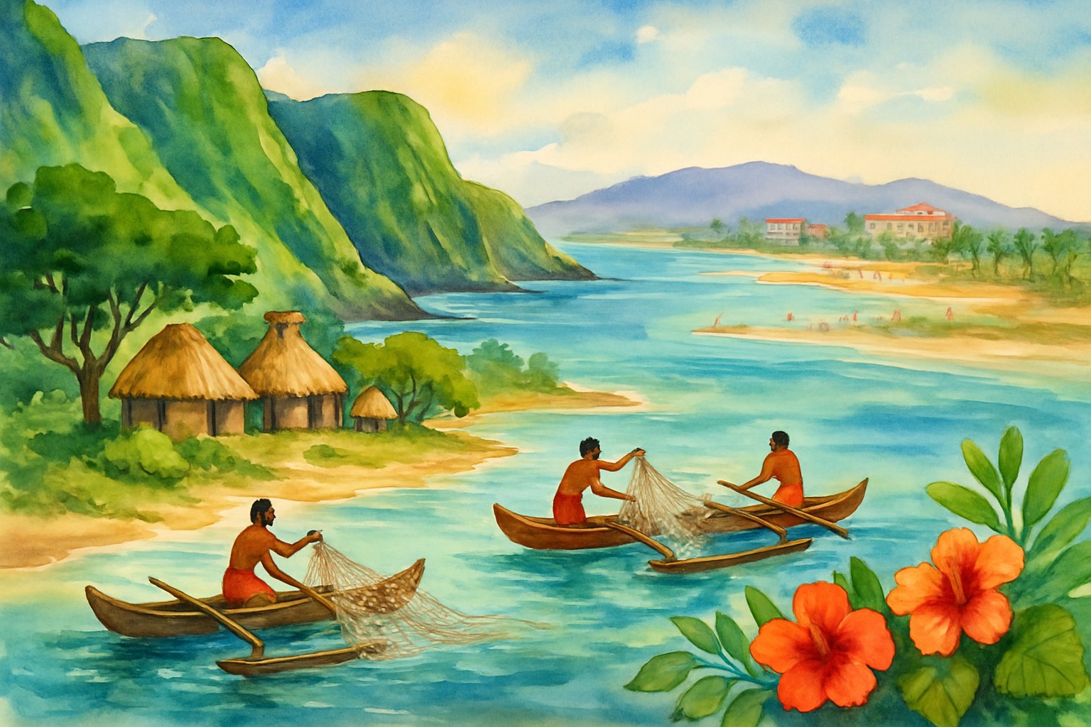 A peaceful Molokai coastline with fishermen in outrigger canoes near a small village of traditional Hawaiian houses surrounded by lush greenery and colorful flowers, with distant islands and calm ocean waters under a bright sky.