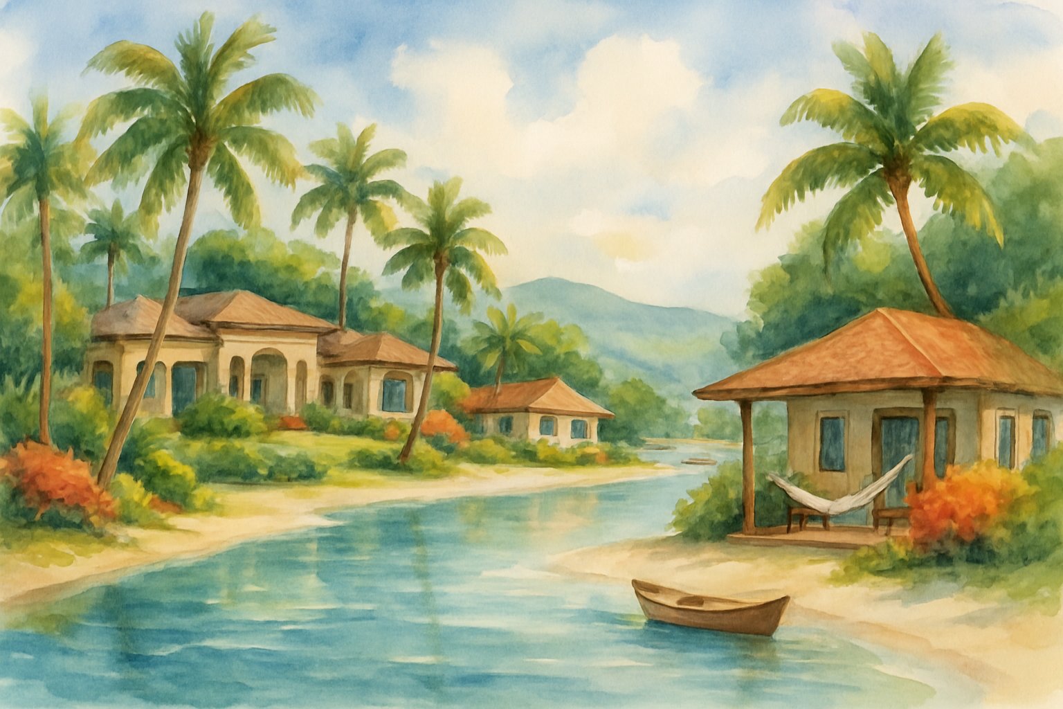 A tropical island scene with beachfront resort buildings, vacation rentals, palm trees, sandy beach, calm turquoise ocean, and green hills in the background.