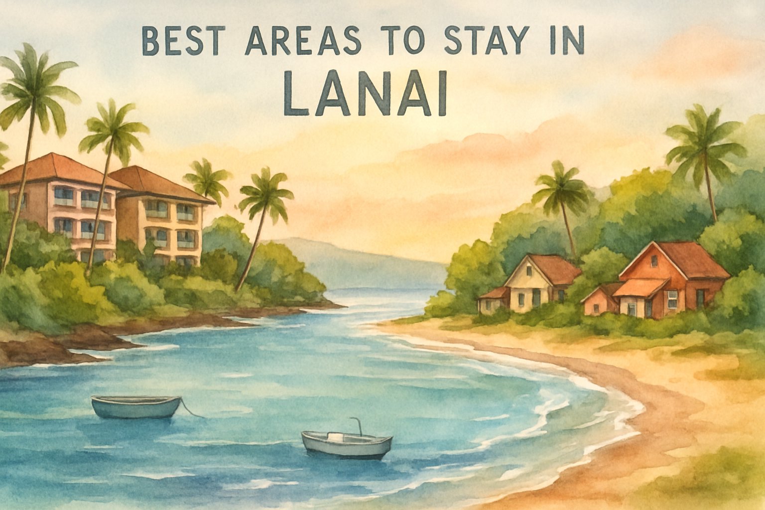 A peaceful coastal scene with beachfront resorts, tropical trees, sandy beaches, and calm ocean waters under a warm sky.