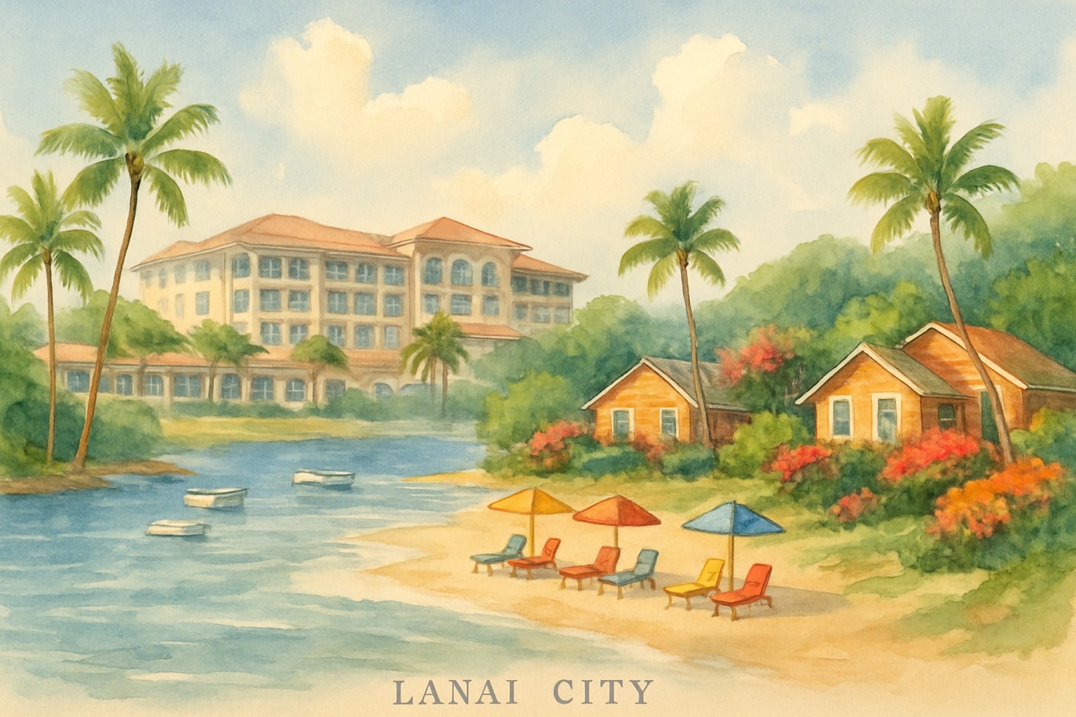 A peaceful coastal town with resorts and rental homes surrounded by palm trees and a calm beach with gentle waves.