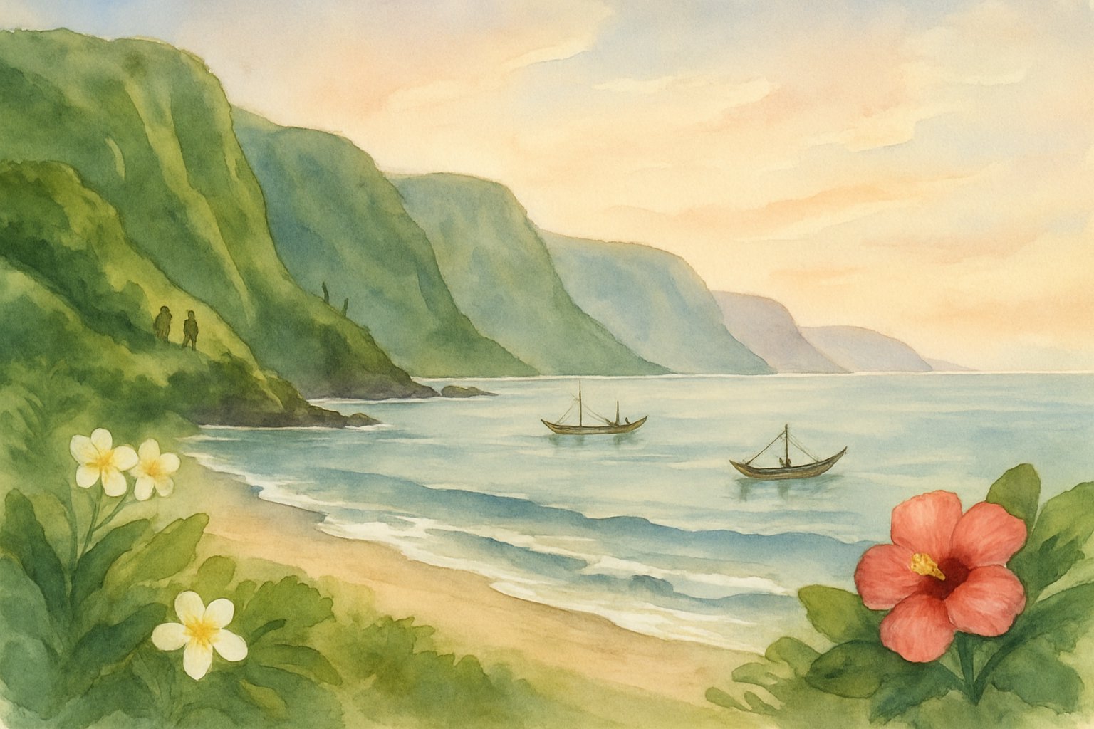 A peaceful coastline with green cliffs, calm waves, small fishing boats, native flowers, and distant hikers exploring the natural landscape.