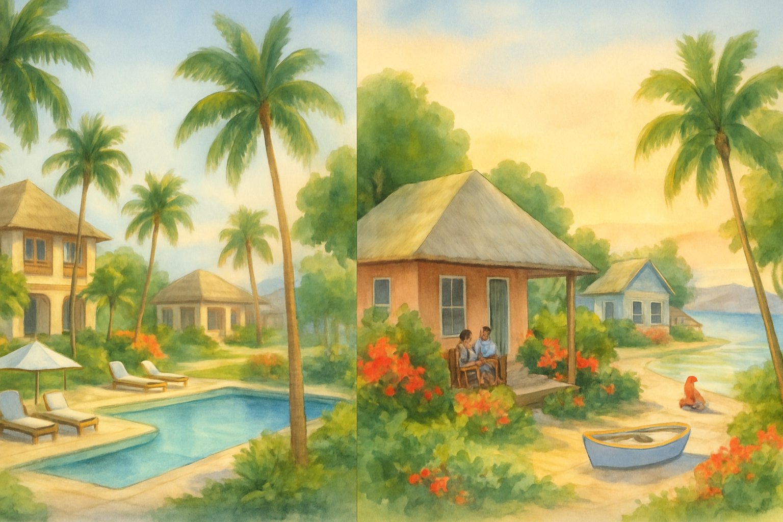 A tropical island scene showing a resort with a pool and palm trees on one side, and cozy cottages with greenery and beach on the other, with ocean and sunset in the background.
