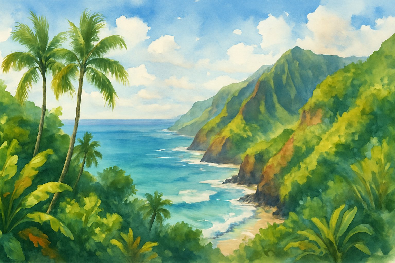 A panoramic view of lush green cliffs and tropical trees overlooking a turquoise ocean with waves crashing against the rocky shore under a partly cloudy sky.