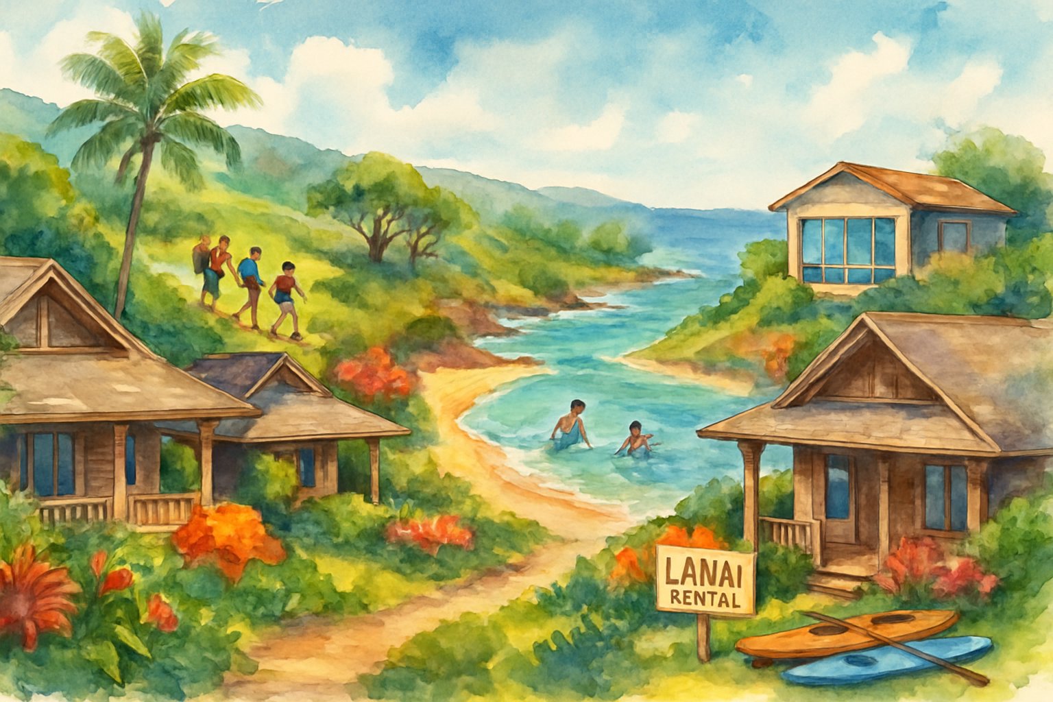A tropical coastal scene with a resort, beach, hikers on a trail, and rental villas near the ocean surrounded by greenery.