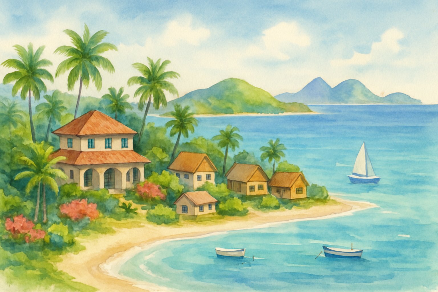A tropical island with resorts and cottages near a sandy beach, clear blue water, and neighboring islands in the distance.