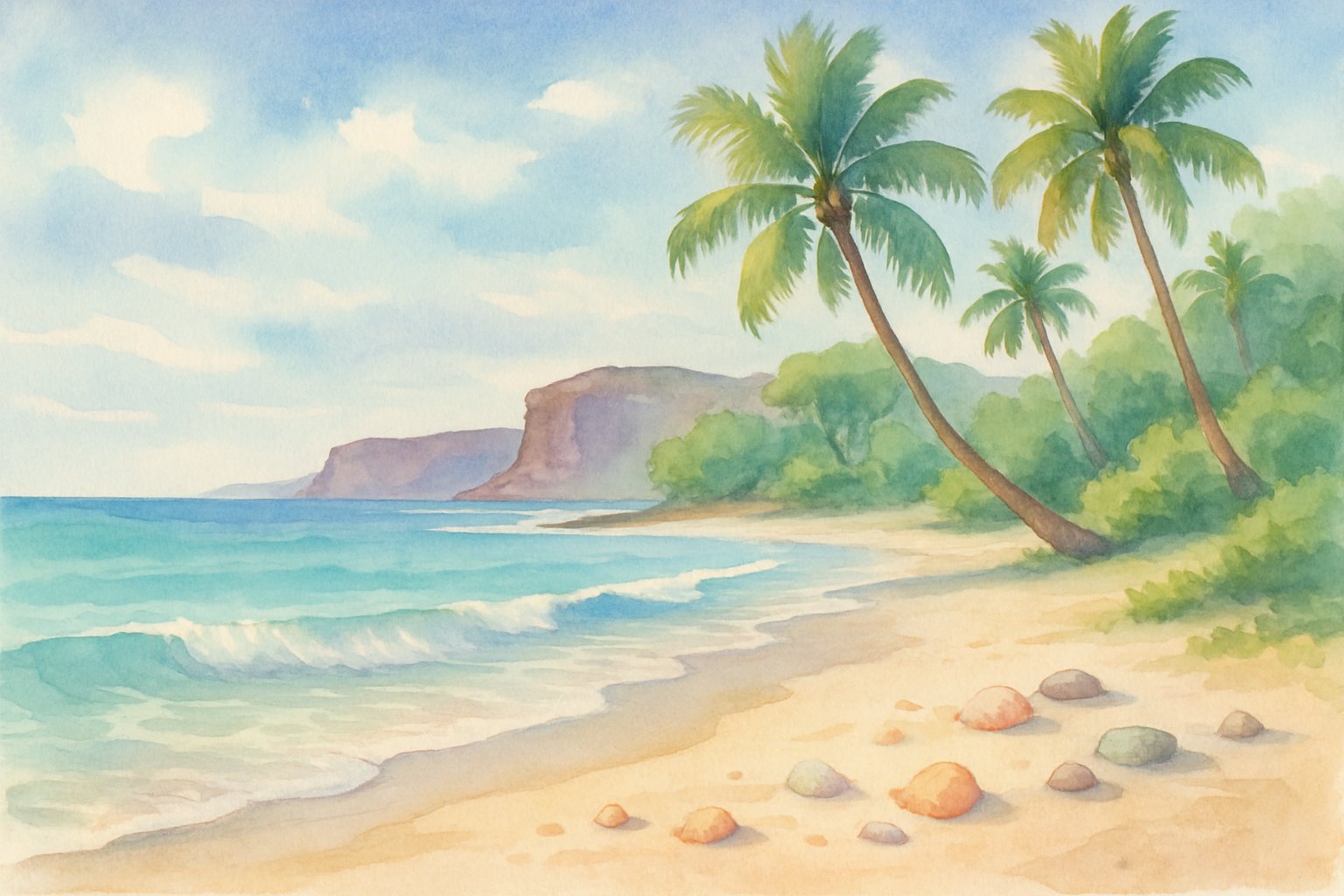 A peaceful tropical beach with turquoise water, white sand, palm trees, and distant cliffs under a clear sky.