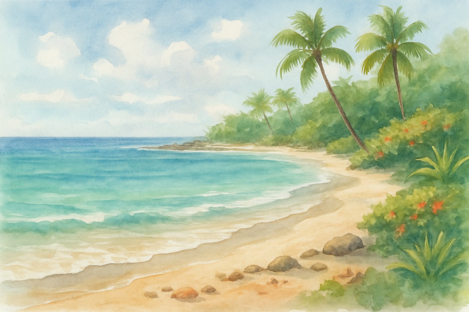 A peaceful beach with golden sand, clear turquoise water, palm trees, and a bright sky, showing a calm and relaxing coastal scene.