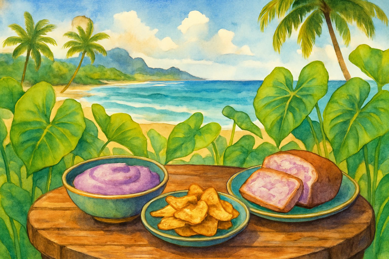 A tropical beach scene with a table displaying traditional taro dishes surrounded by taro plants, palm trees, and distant mountains.