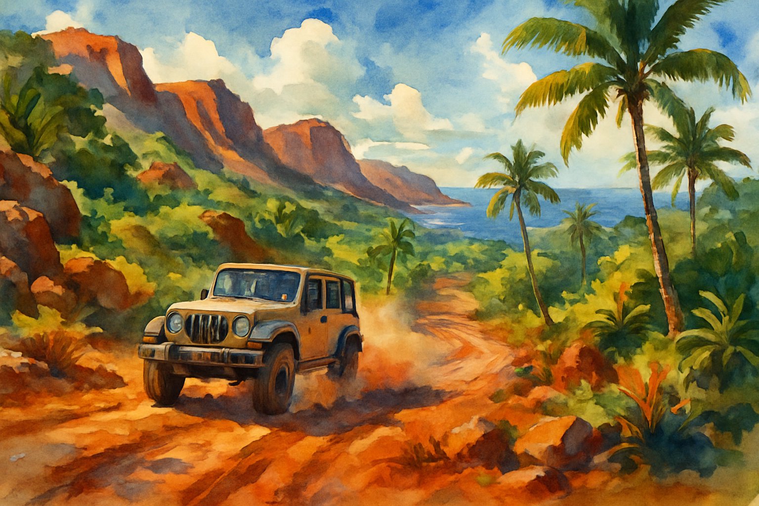 A rugged dirt trail winding through rocky hills and tropical vegetation with an off-road vehicle driving along it, cliffs and ocean visible in the distance under a partly cloudy sky.