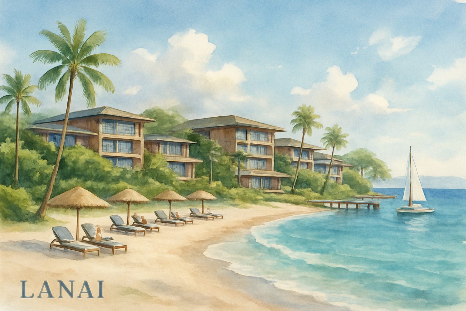 A peaceful beachfront resort with sandy beaches, palm trees, calm turquoise ocean, and guests relaxing by the shore.