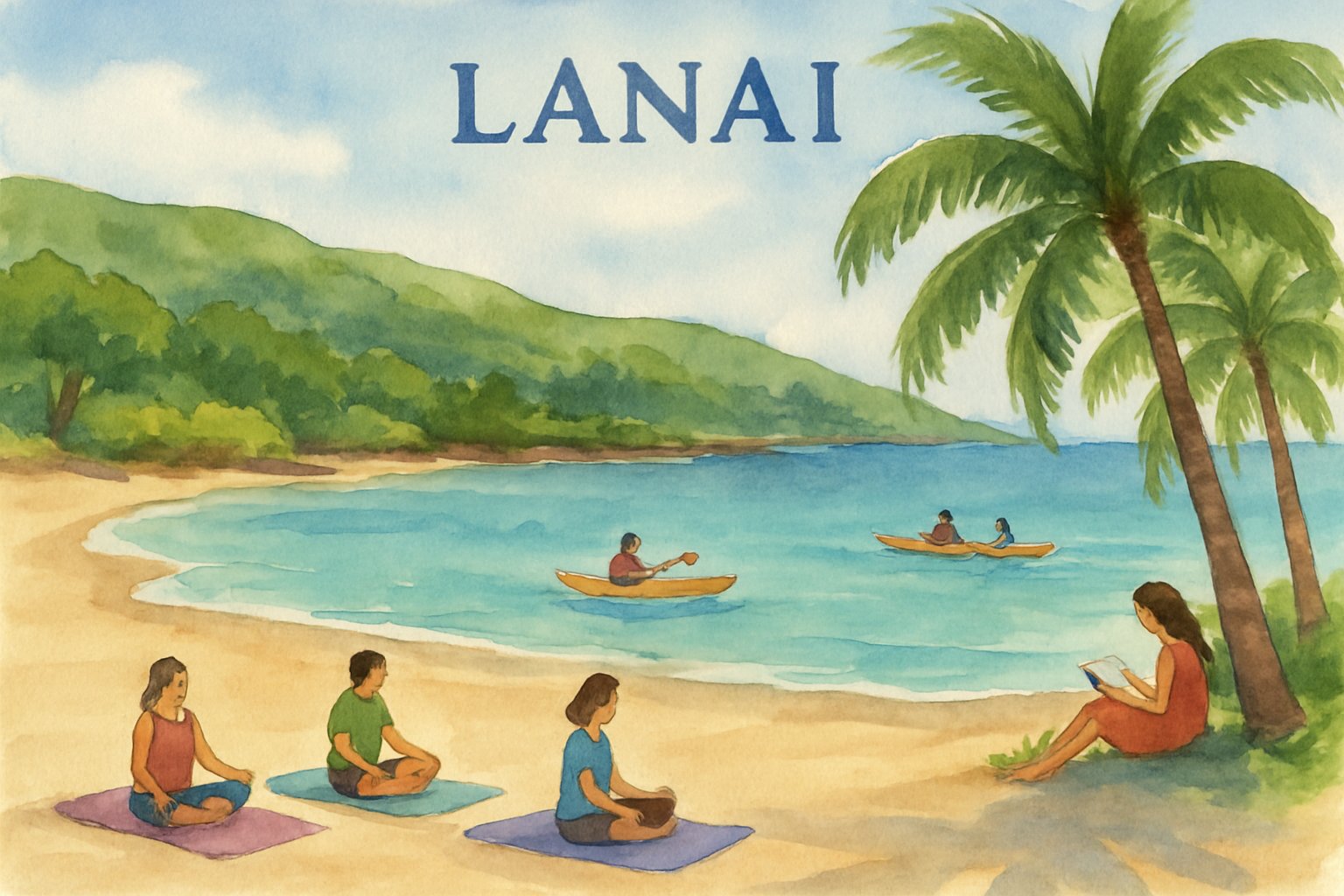A peaceful beach scene with people practicing yoga, reading under palm trees, and kayaking in calm blue waters near green hills.