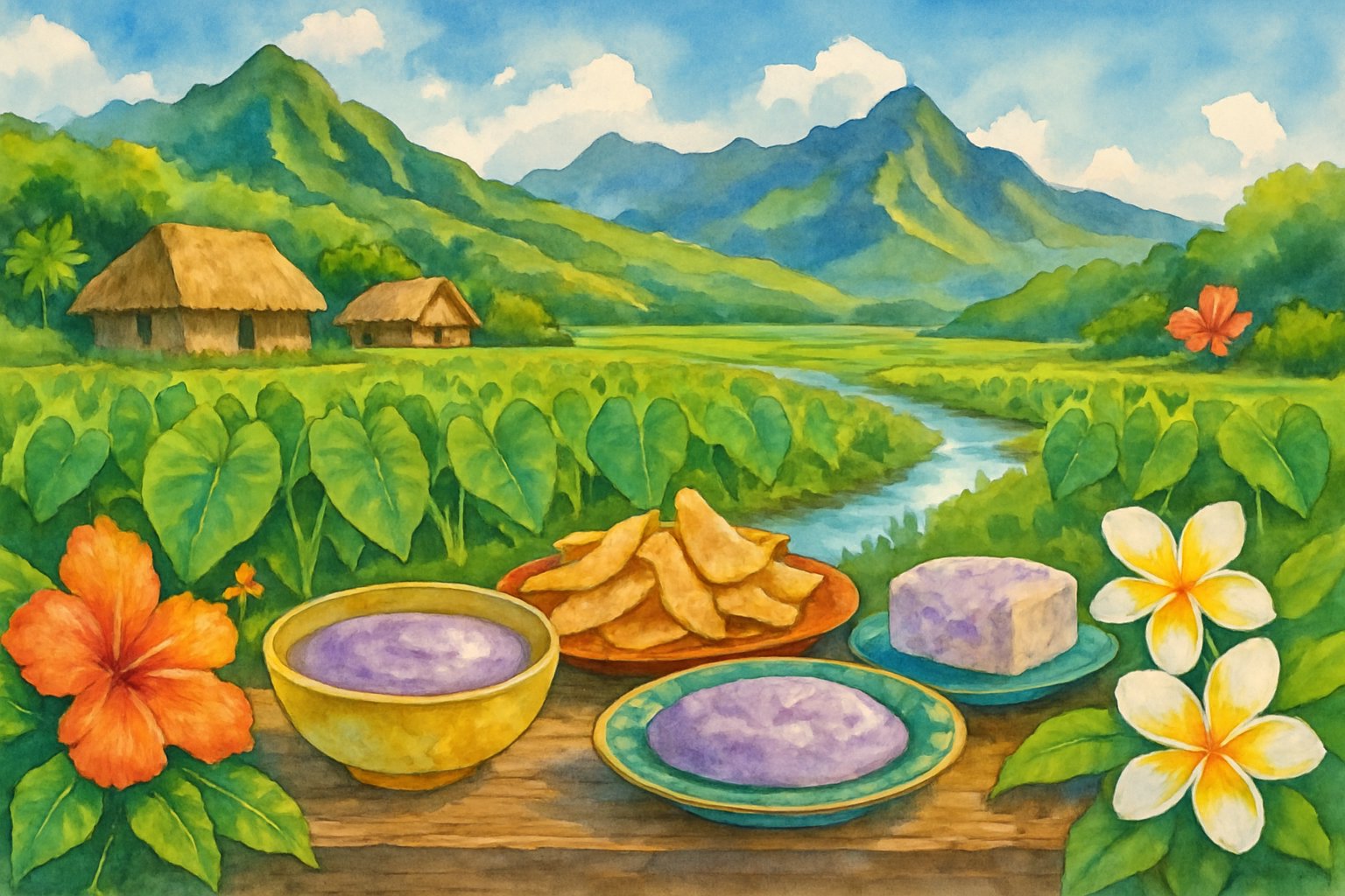 Lush green taro fields with traditional Hawaiian farmhouses, a wooden table with taro dishes, tropical flowers, mountains, and a clear sky.