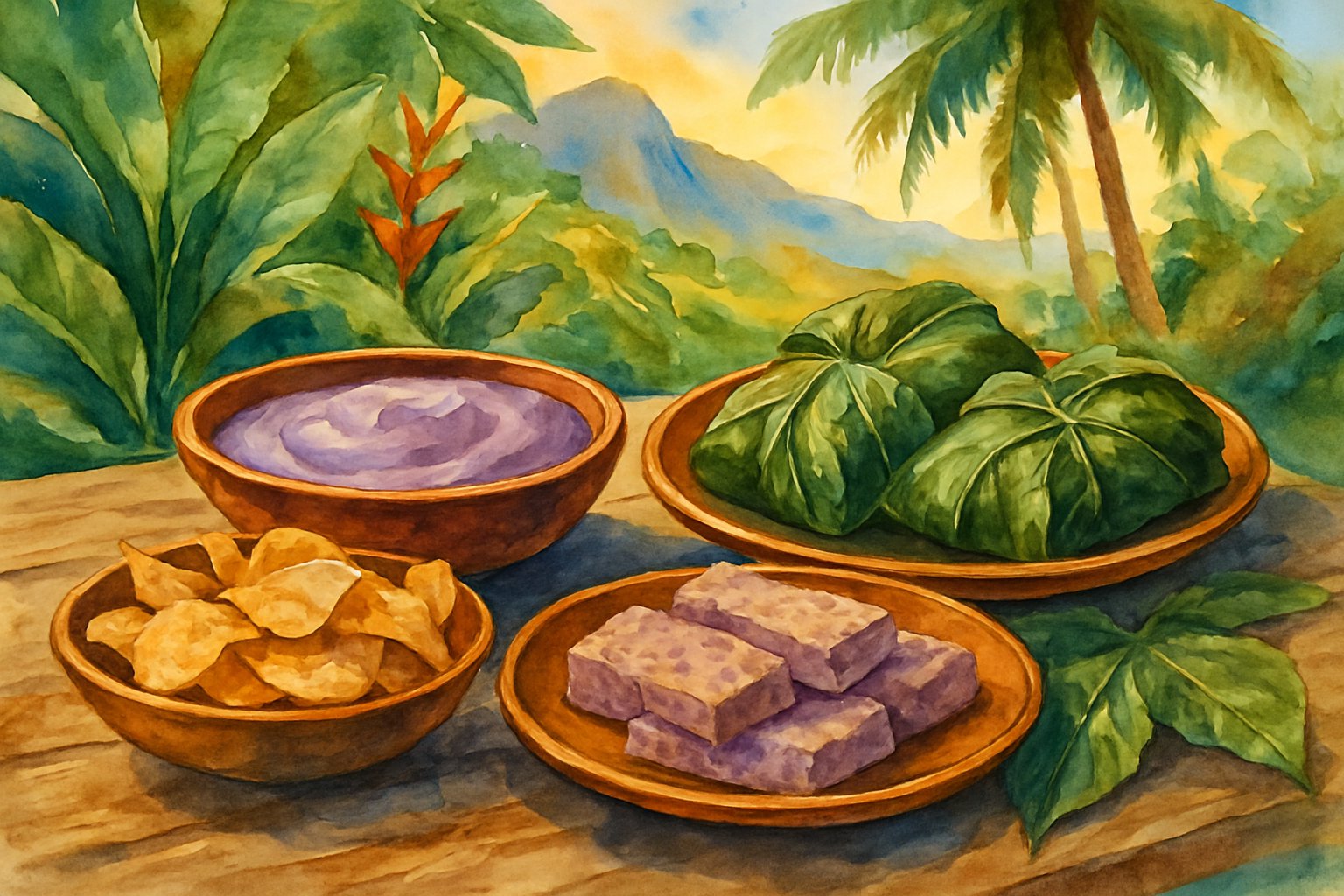 A colorful outdoor table with traditional Hawaiian taro dishes surrounded by tropical plants and palm trees.