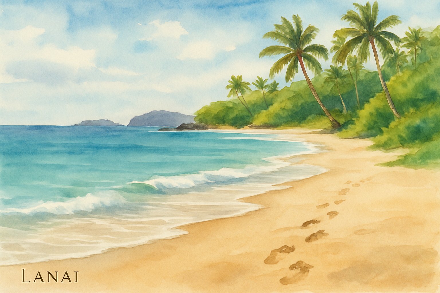 A peaceful beach with golden sand, clear turquoise water, palm trees, and gentle waves under a sunny sky.
