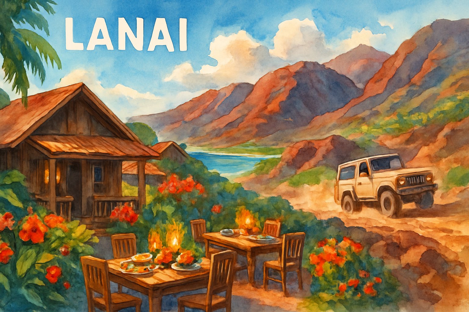 A tropical island scene with a small resort, outdoor dining area, off-road vehicle on rugged trails, and the ocean in the distance.