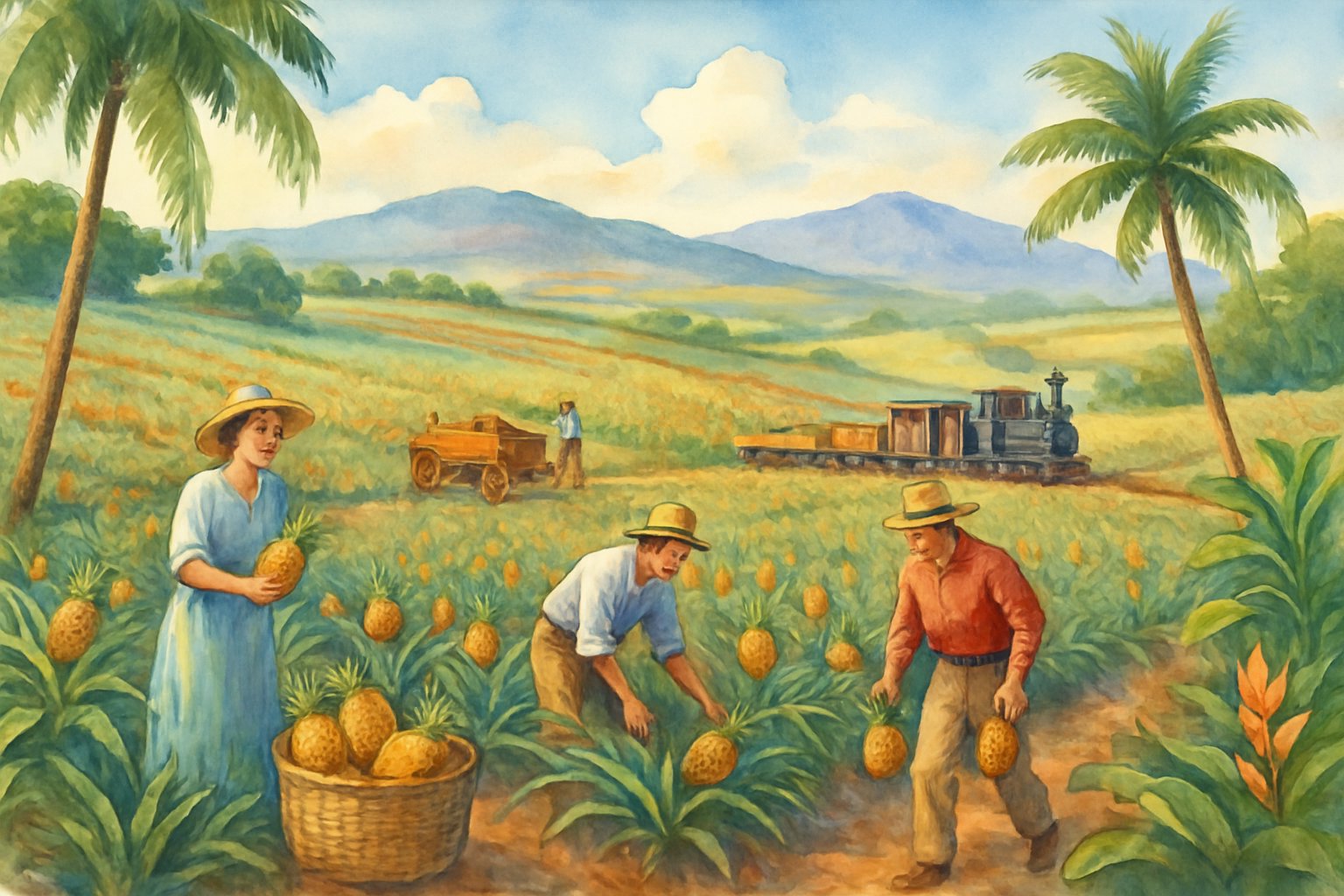 A landscape showing pineapple fields with workers harvesting fruit, carts and a small train in the background, surrounded by tropical plants and mountains.