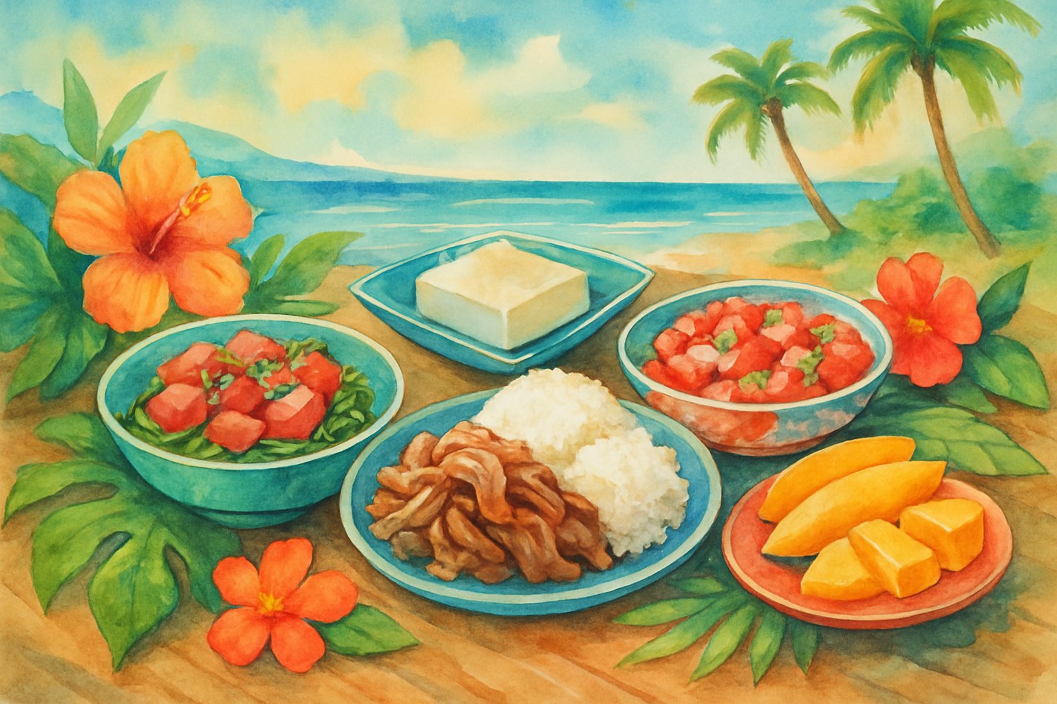 A colorful table set with traditional Hawaiian dishes including poke bowls, kalua pork, lomi salmon, coconut pudding, and tropical fruits, surrounded by tropical flowers and greenery with a beach and palm trees in the background.