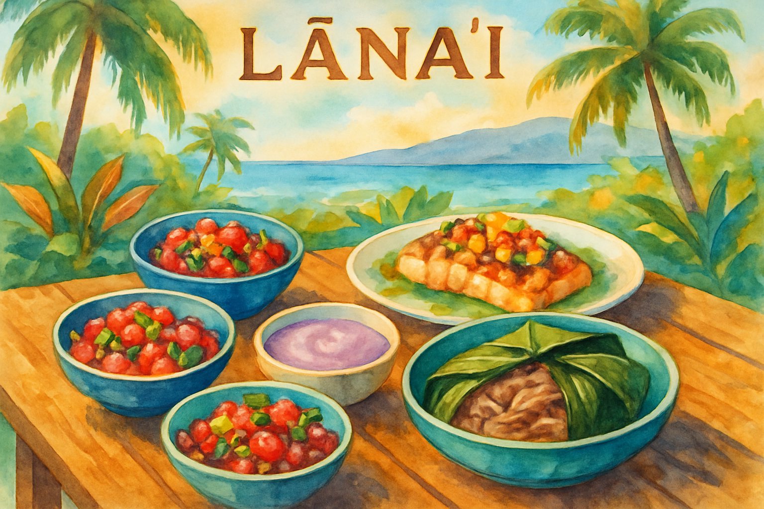 A table outdoors with various traditional Hawaiian dishes, tropical plants, palm trees, and the ocean in the background.