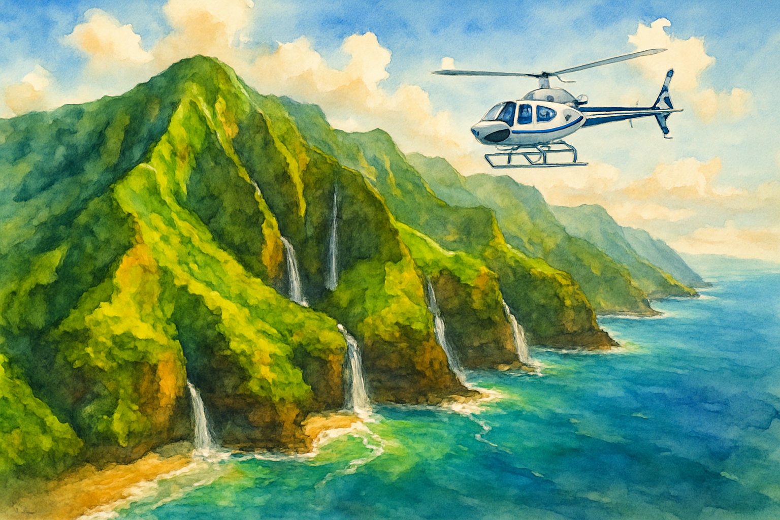 A helicopter flying over green mountains, waterfalls, and blue ocean waters on the island of Kauai.