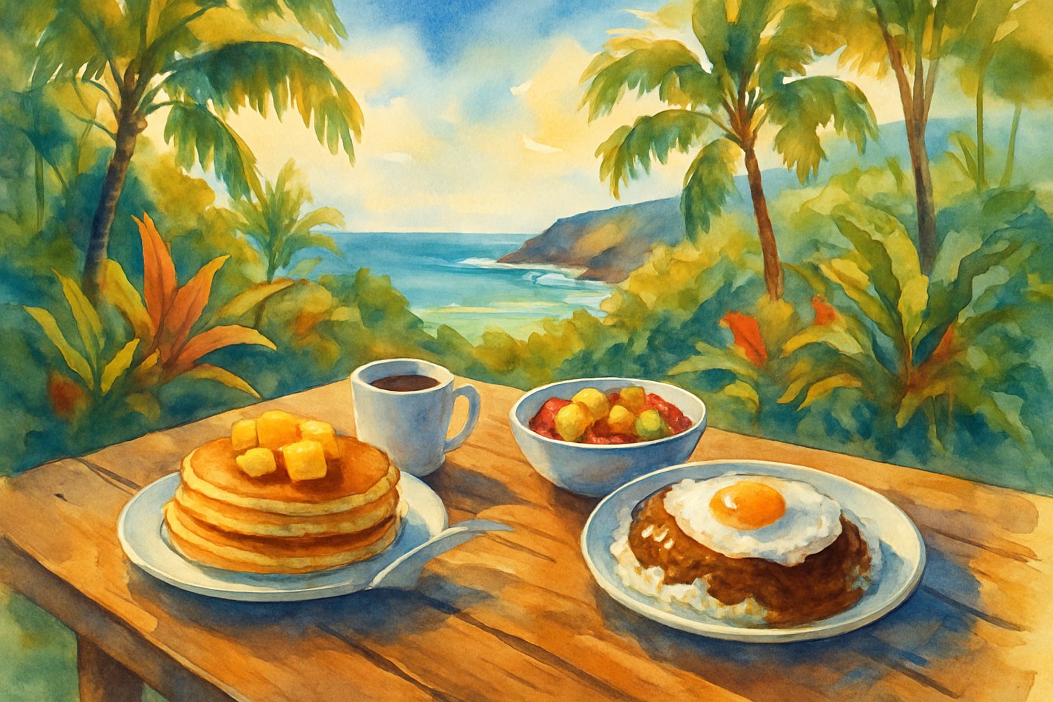 A breakfast table outdoors with Hawaiian dishes, tropical plants, palm trees, and the ocean in the background.