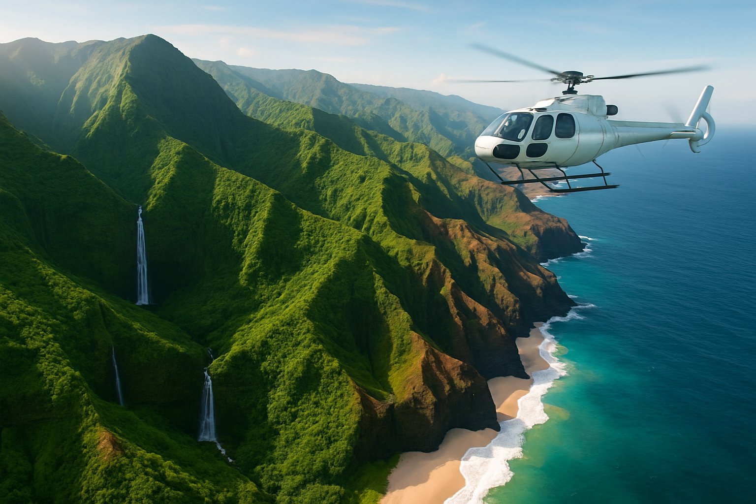 Aerial view of Kauai showing cliffs, green valleys, waterfalls, ocean, and beaches under clear sky.