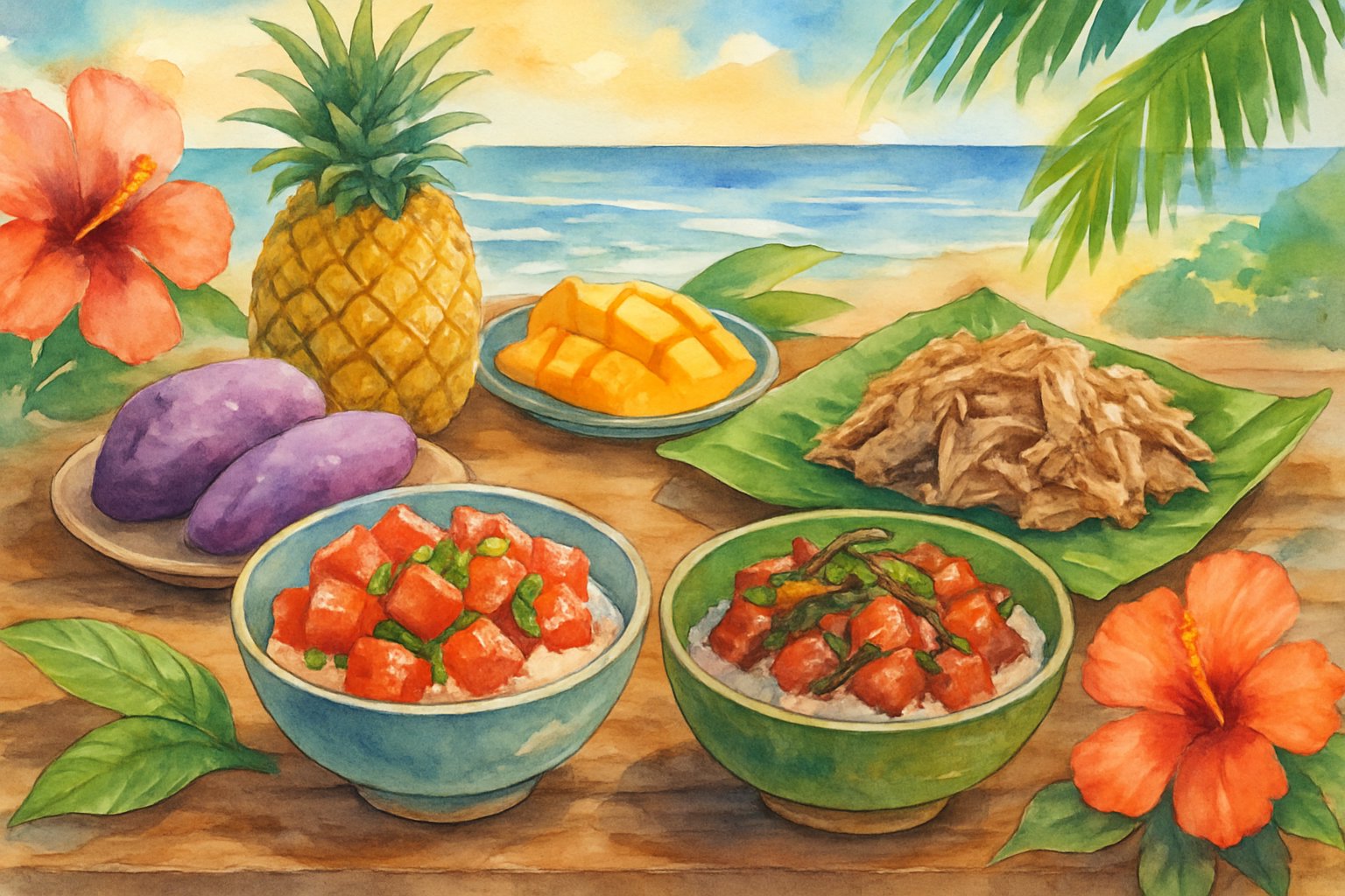 A colorful spread of traditional Hawaiian dishes including poke bowls, kalua pork, sweet potatoes, and tropical fruits arranged on a wooden table with tropical plants and ocean in the background.