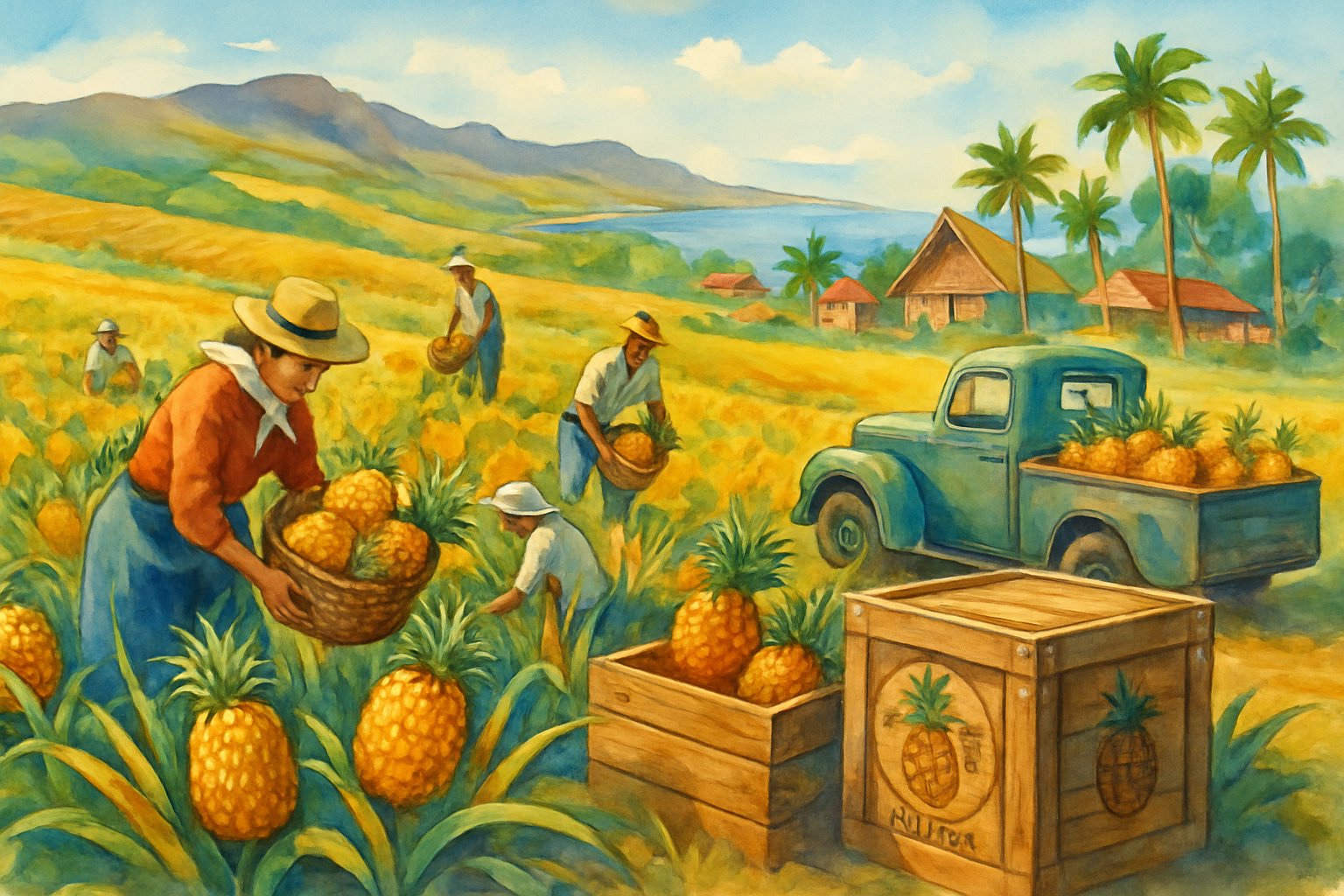 A tropical pineapple field with workers harvesting fruit near a coastal village surrounded by palm trees and hills.