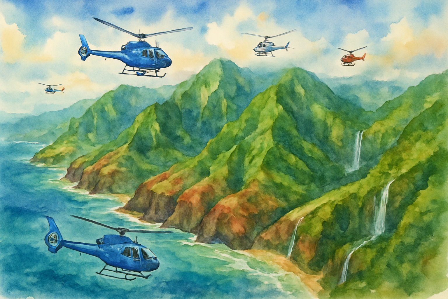 Aerial view of Kauai island with green mountains, waterfalls, ocean, and helicopters flying above.