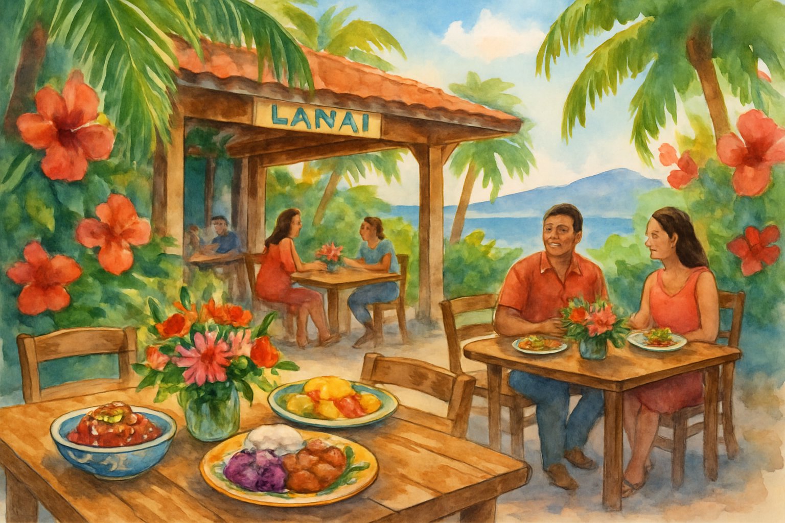 Outdoor lanai restaurant with wooden tables, tropical plants, and plates of local Hawaiian dishes, set near the ocean with mountains in the background.