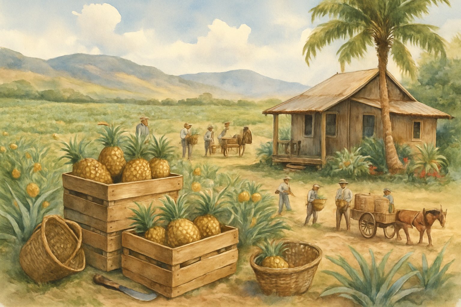 A pineapple plantation with workers harvesting fruit, wooden crates filled with pineapples, a rustic plantation house, and tropical plants on rolling hills.