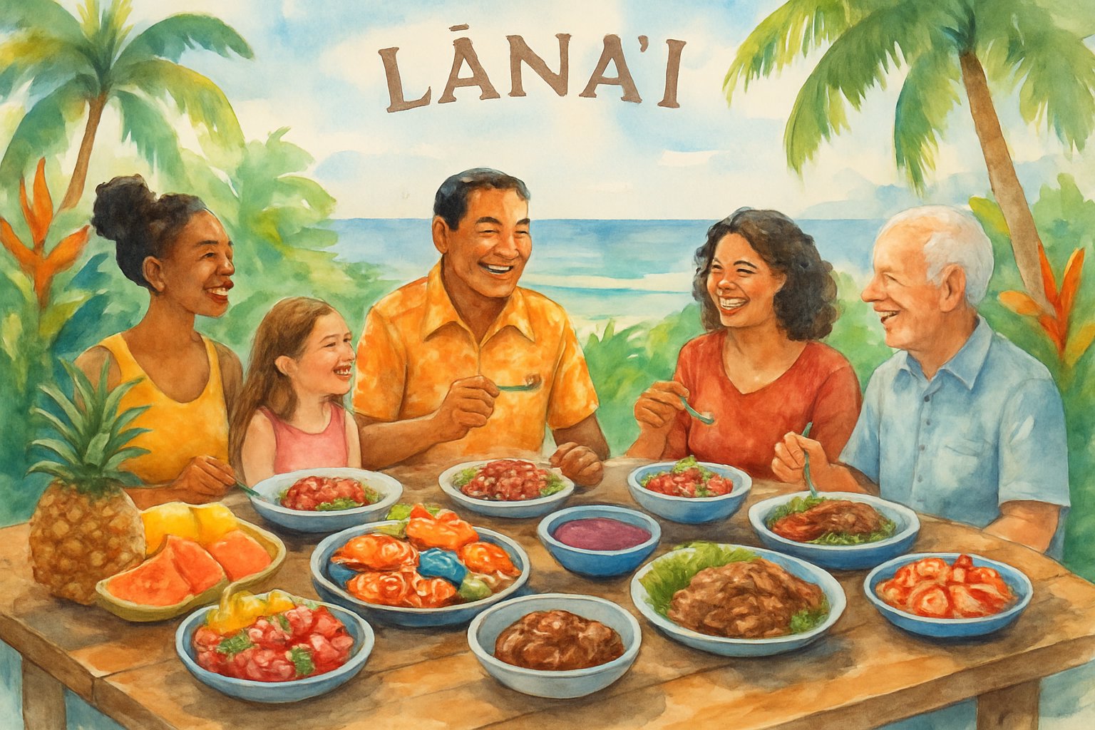 People of diverse backgrounds enjoying local island dishes at outdoor tables near the ocean surrounded by tropical plants.