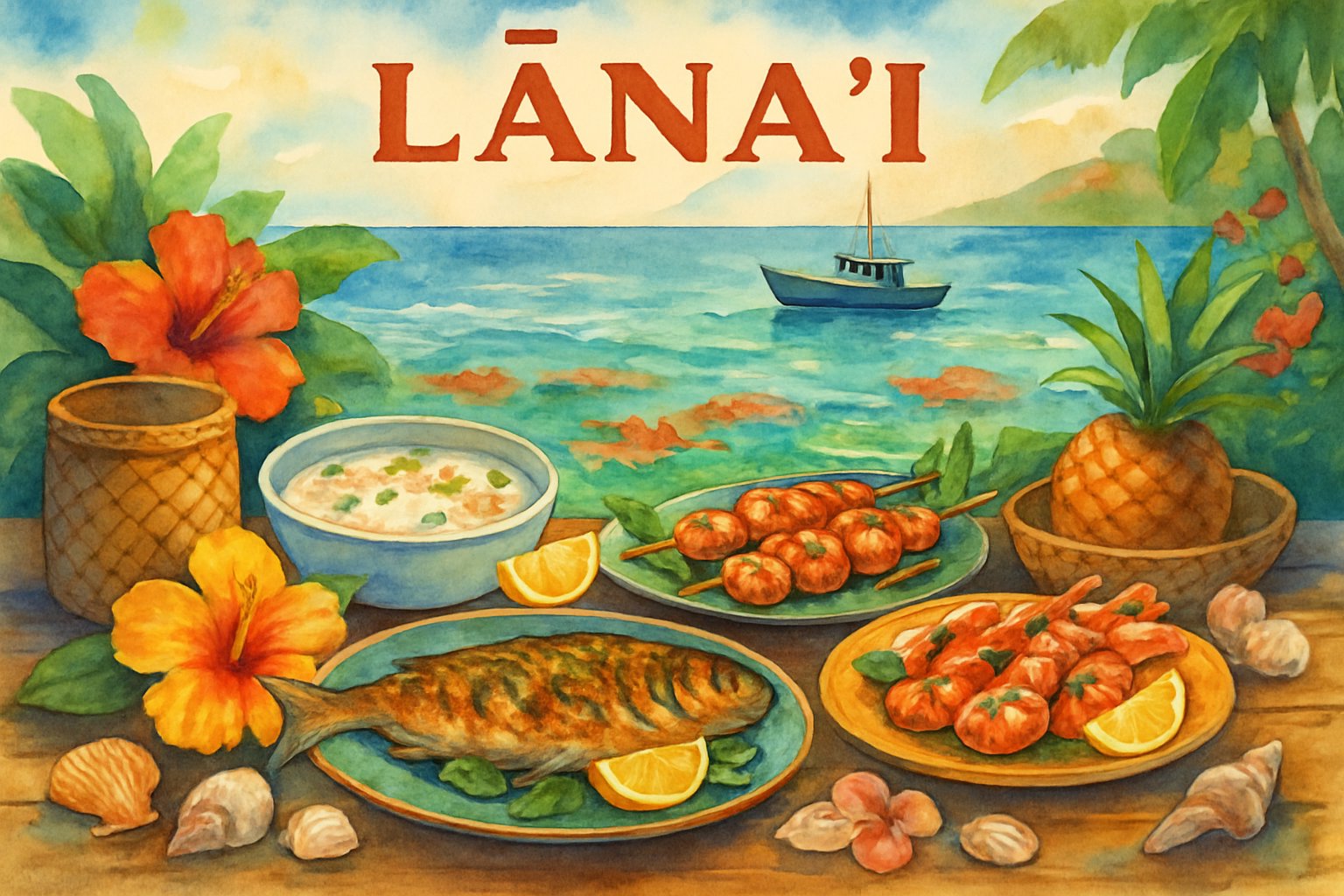 A coastal scene showing a table with various fresh seafood dishes by the ocean with a fishing boat and tropical flowers nearby.