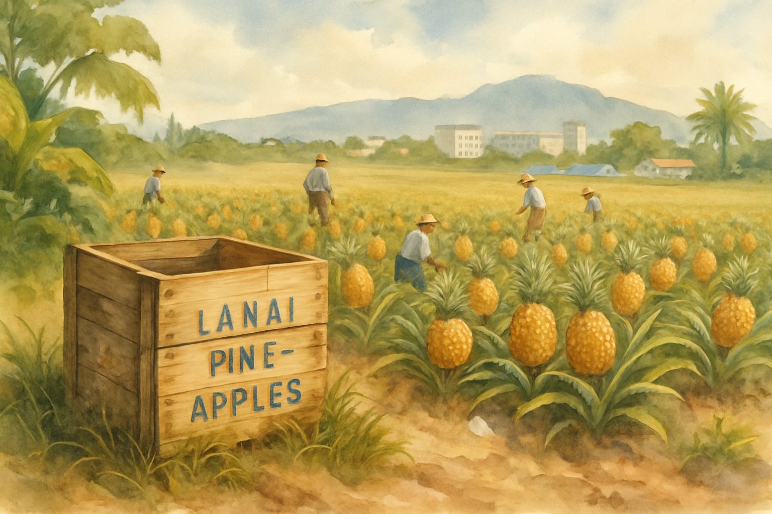 A tropical pineapple plantation with rows of pineapples, old wooden crates, workers in fields, and distant modern buildings surrounded by mountains and trees.