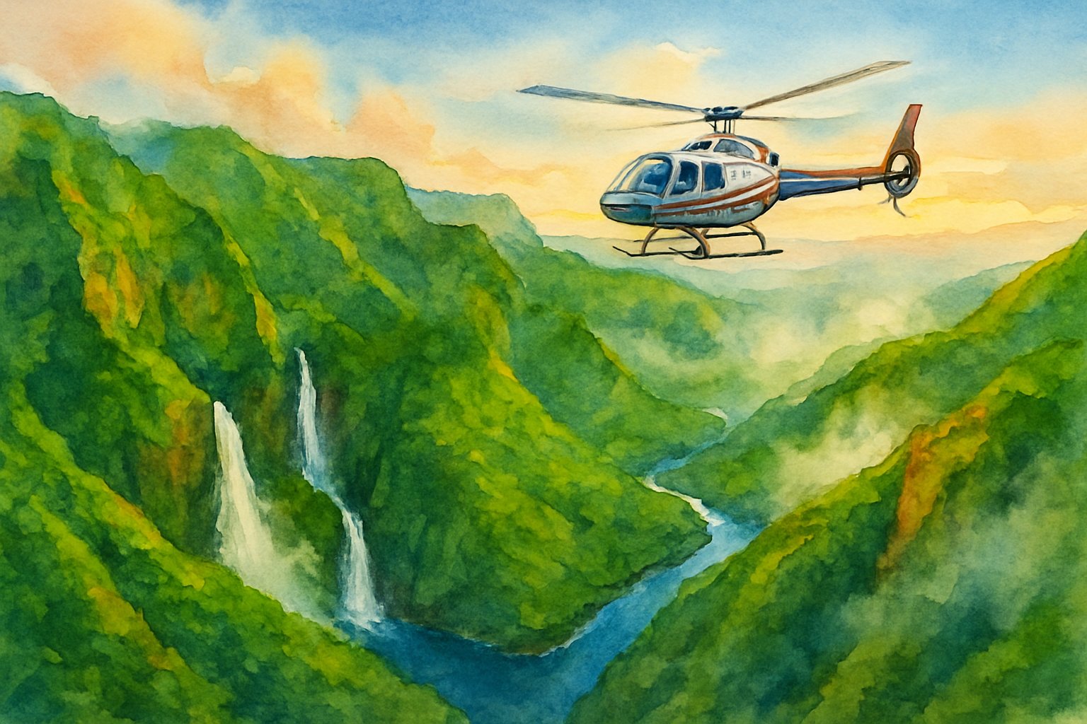 A helicopter flying over Kauai’s green cliffs, waterfalls, and rivers with a colorful sky in the background.