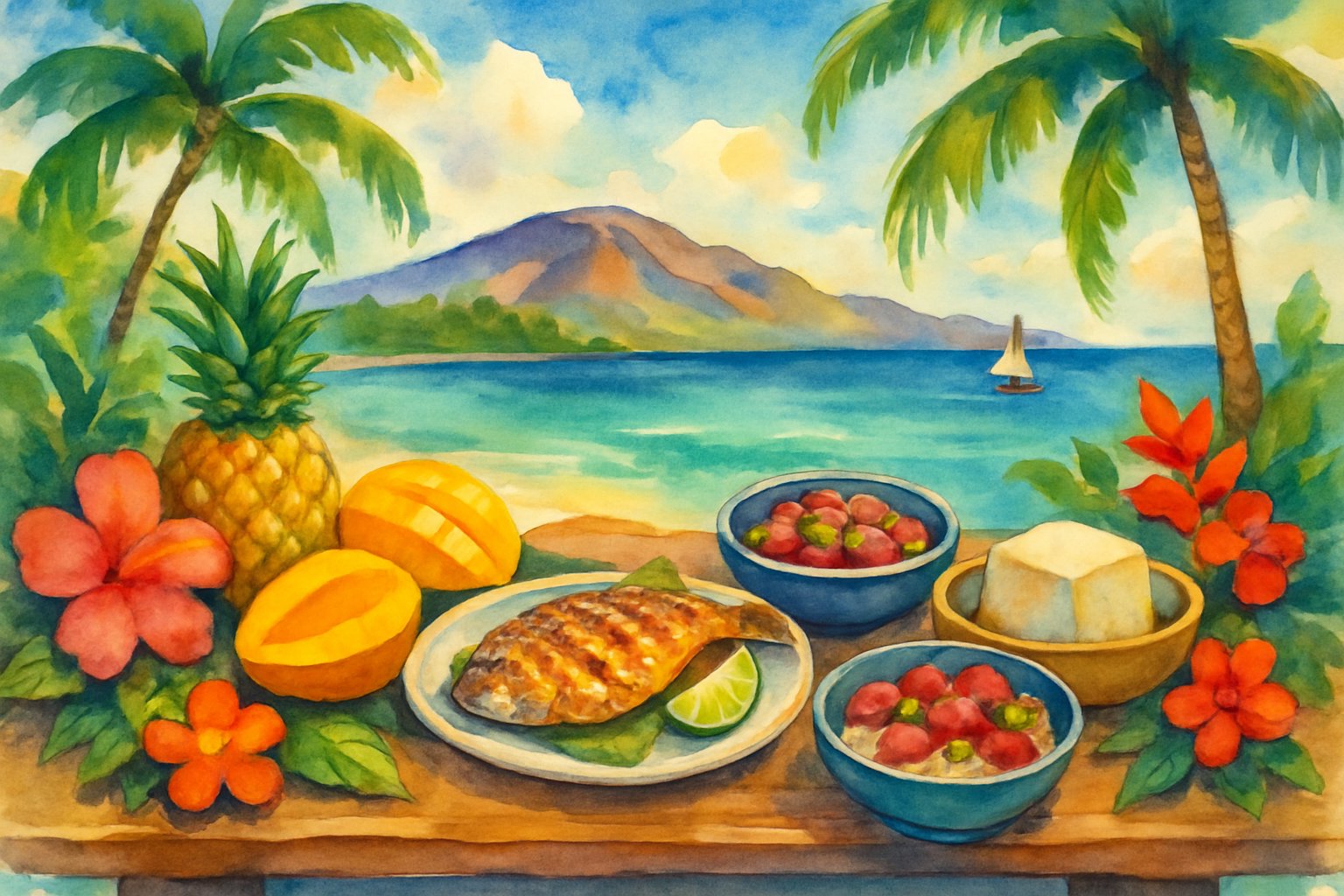 A tropical island scene with a table full of fresh local dishes, palm trees, ocean, and distant hills under a clear sky.