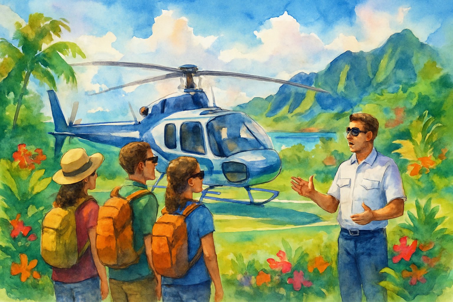 Tourists preparing for a helicopter ride on a green landing pad surrounded by tropical plants and mountains with the ocean in the background.