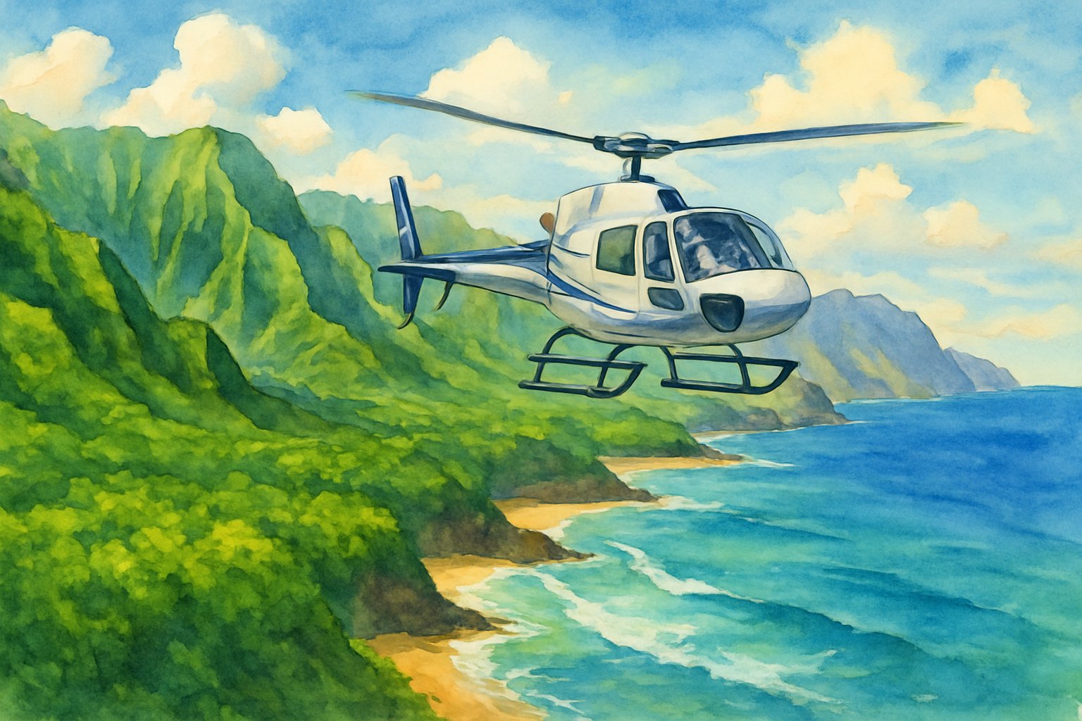 A helicopter flying over green cliffs and turquoise ocean waves along a coastline with sandy beaches and blue sky.