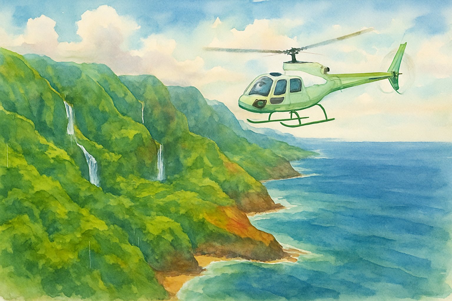 A helicopter flying over lush green forests, cliffs, waterfalls, and the ocean along Kauai’s coastline.